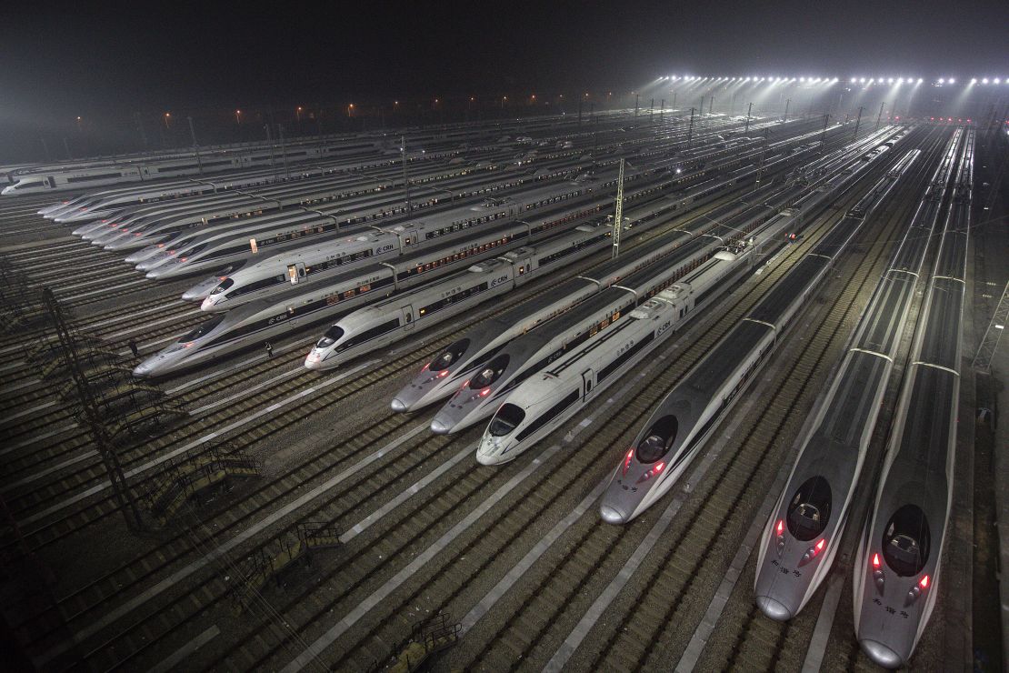 WUHAN, CHINA - JANUARY 20:  The Hundreds of high-speed trains at a maintenance base wait to set out on January 20th, 2018 in Wuhan, Hubei province, China.  The peak of Spring Festival Peak will be from January 21th to March 1.  (Photo by Wang He/Getty Images)