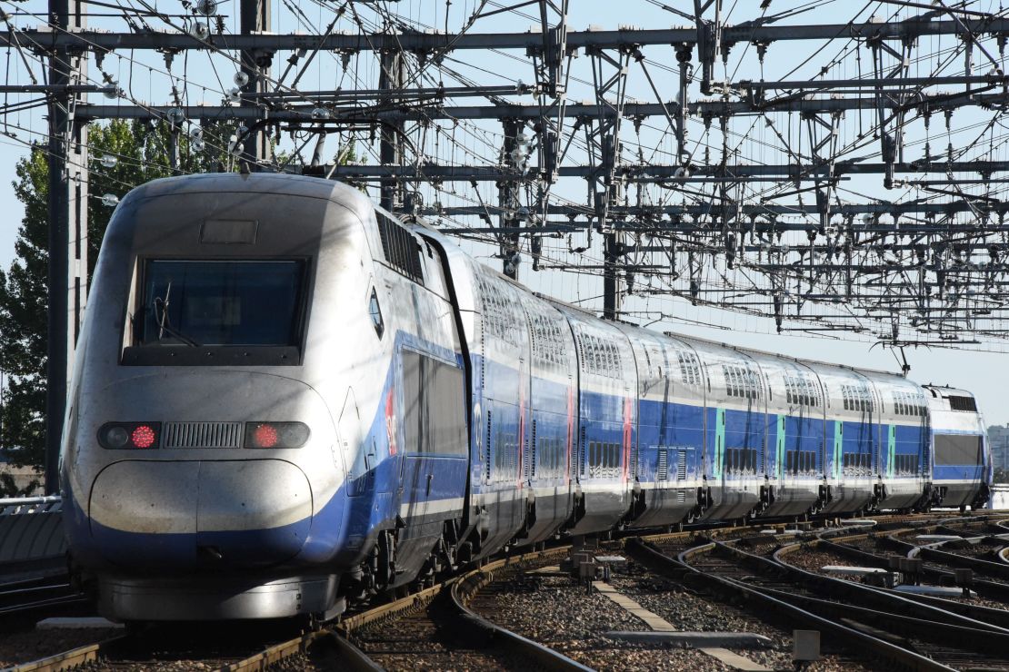 A picture taken on July 2, 2017 shows the first official train of the new TGV high speed train line linking Paris to Bordeaux in 2h04 leaving the Bordeaux-Saint-Jean train station in Bordeaux, southwestern France. / AFP PHOTO / MEHDI FEDOUACH        (Photo credit should read MEHDI FEDOUACH/AFP via Getty Images)