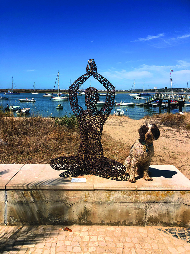 A sog sitting by a statue