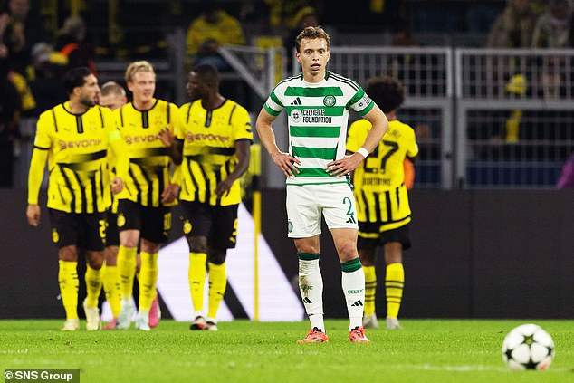 Alistair Johnston can't bear to look as Dortmund players celebrate another goal