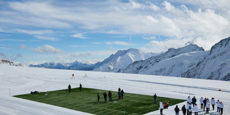 General view of the Aletsch Glacier pitch during day one of the UEFA Women's EURO 2025 Ticket and Volunteer Launch Event at Grindelwald Terminal on September 30, 2024 in Interlaken, Switzerland.