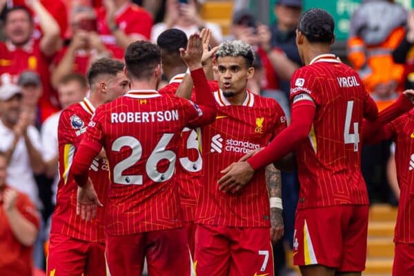 LIVERPOOL, ENGLAND - Saturday, September 21, 2024: Liverpool's Luis Díaz celebrates after scoring the first goal during the FA Premier League match between Liverpool FC and AFC Bournemouth at Anfield. (Photo by David Rawcliffe/Propaganda)