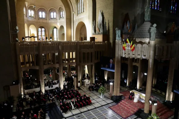 Addressing more than 2,500 priests, deacons, religious sisters, seminarians, catechists, and bishops gathered inside the National Basilica of the Sacred Heart in Brussels, on Sept. 28, 2024, Pope Francis emphasized the urgency of evangelization in Europe. Credit: Daniel Ibáñez/CNA