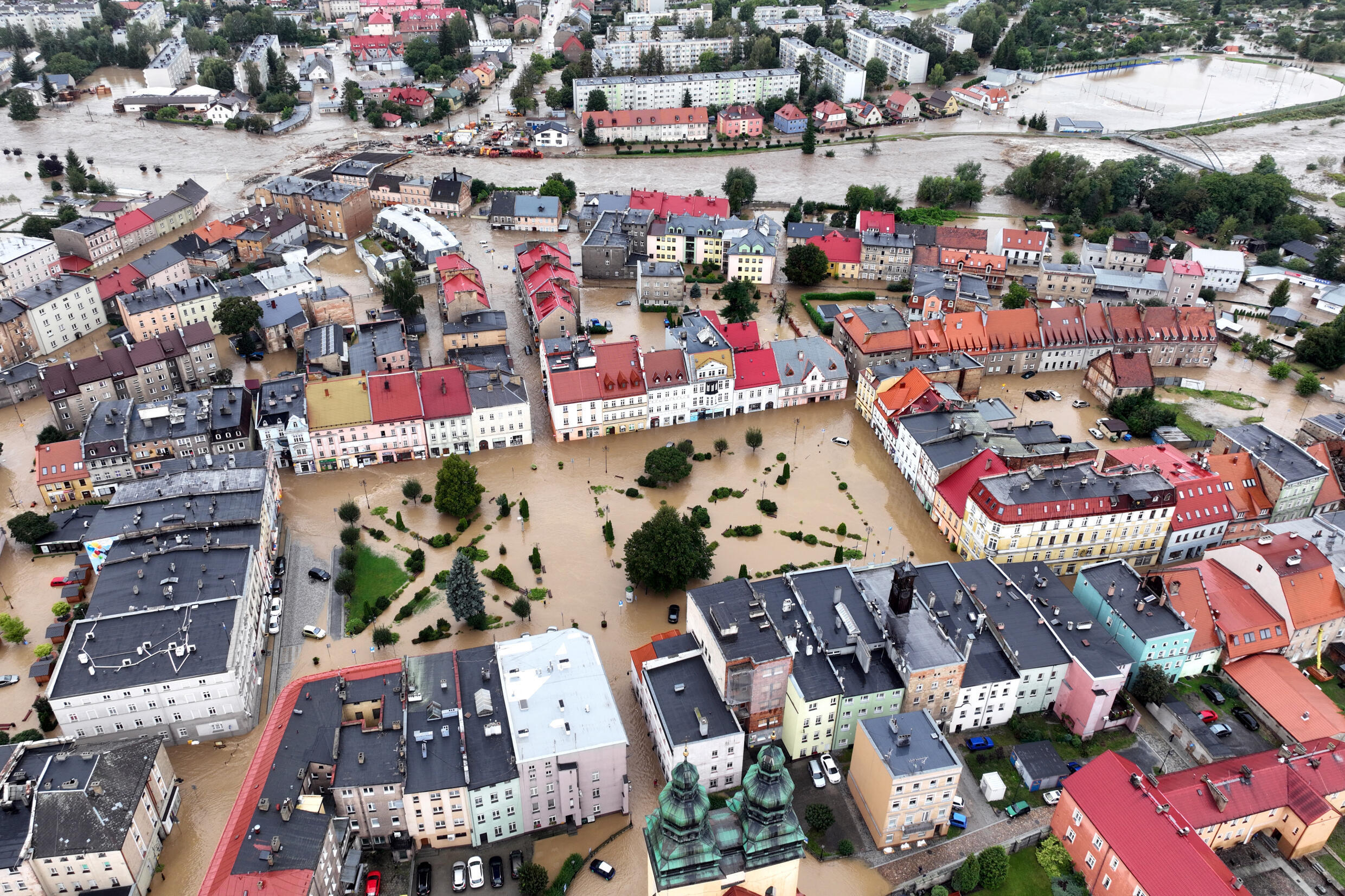 This aerial photograph taken on September 15, 2024 shows a view of the flooded city centre in Glucholazy, southern Poland.