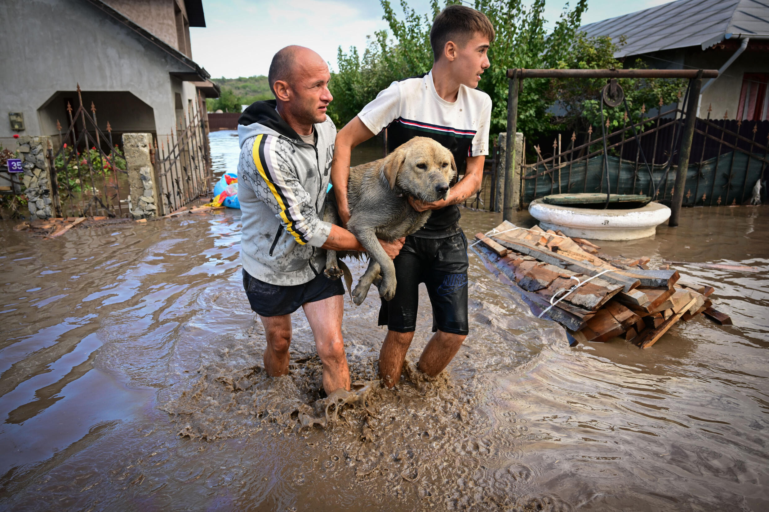 Local residents rescue a dog from the rising flood waters in the Romanian village of Slobozia Conachi on September 14 2024.