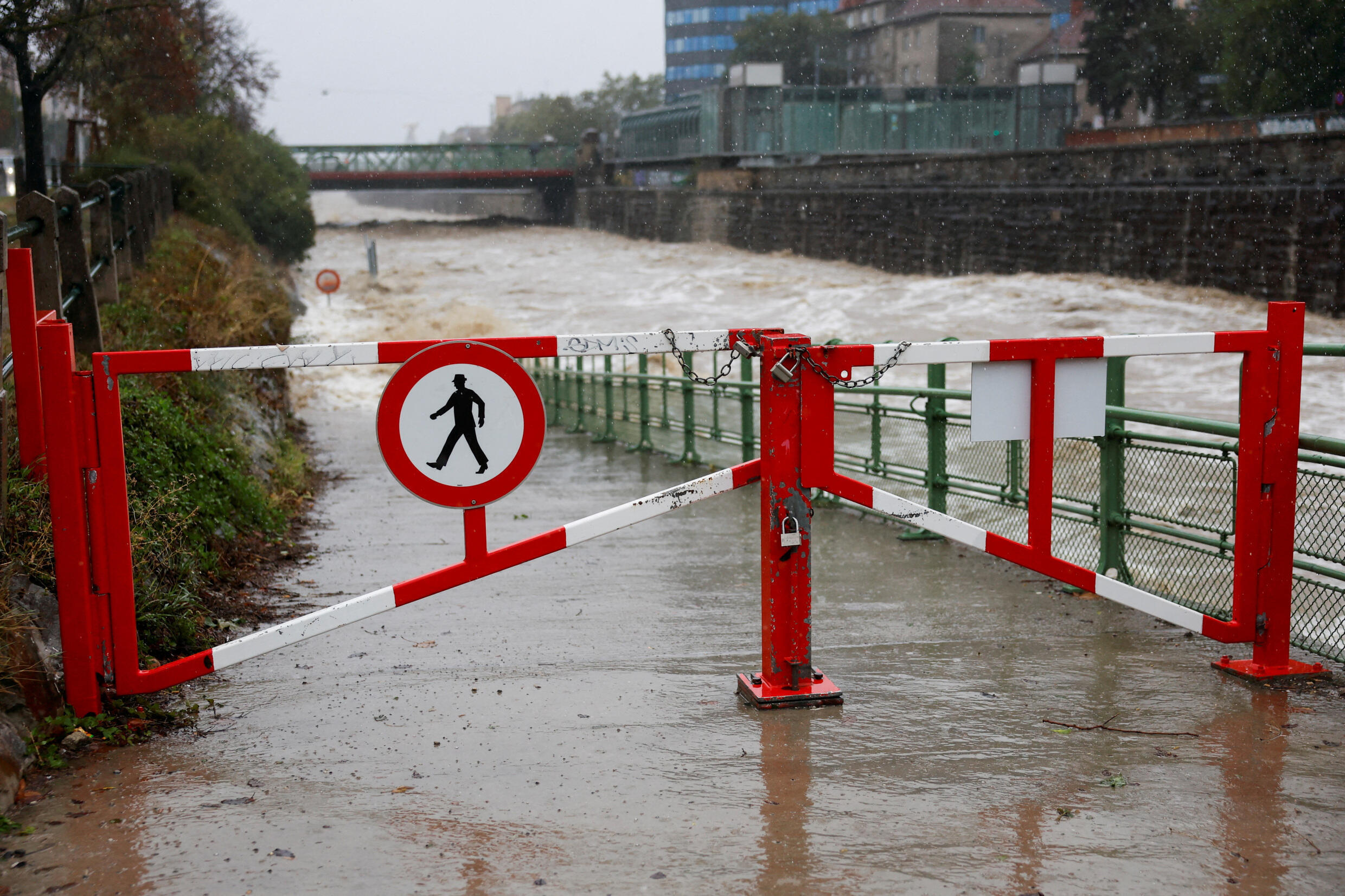 A view of a flooded area at the Wien river after heavy rainfall in Vienna, Austria, on September 15, 2024. 