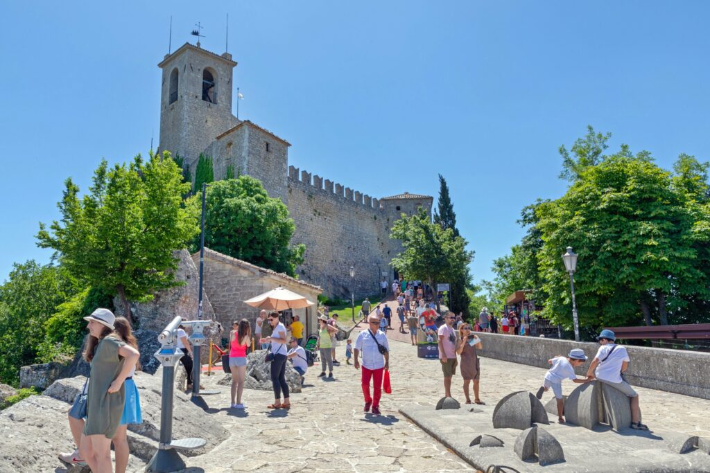 San Marino - June 16, 2019: Guaita Tower Fortress at Top of Mountain Titano in Republic of San Marino.