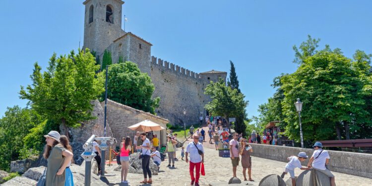 San Marino - June 16, 2019: Guaita Tower Fortress at Top of Mountain Titano in Republic of San Marino.