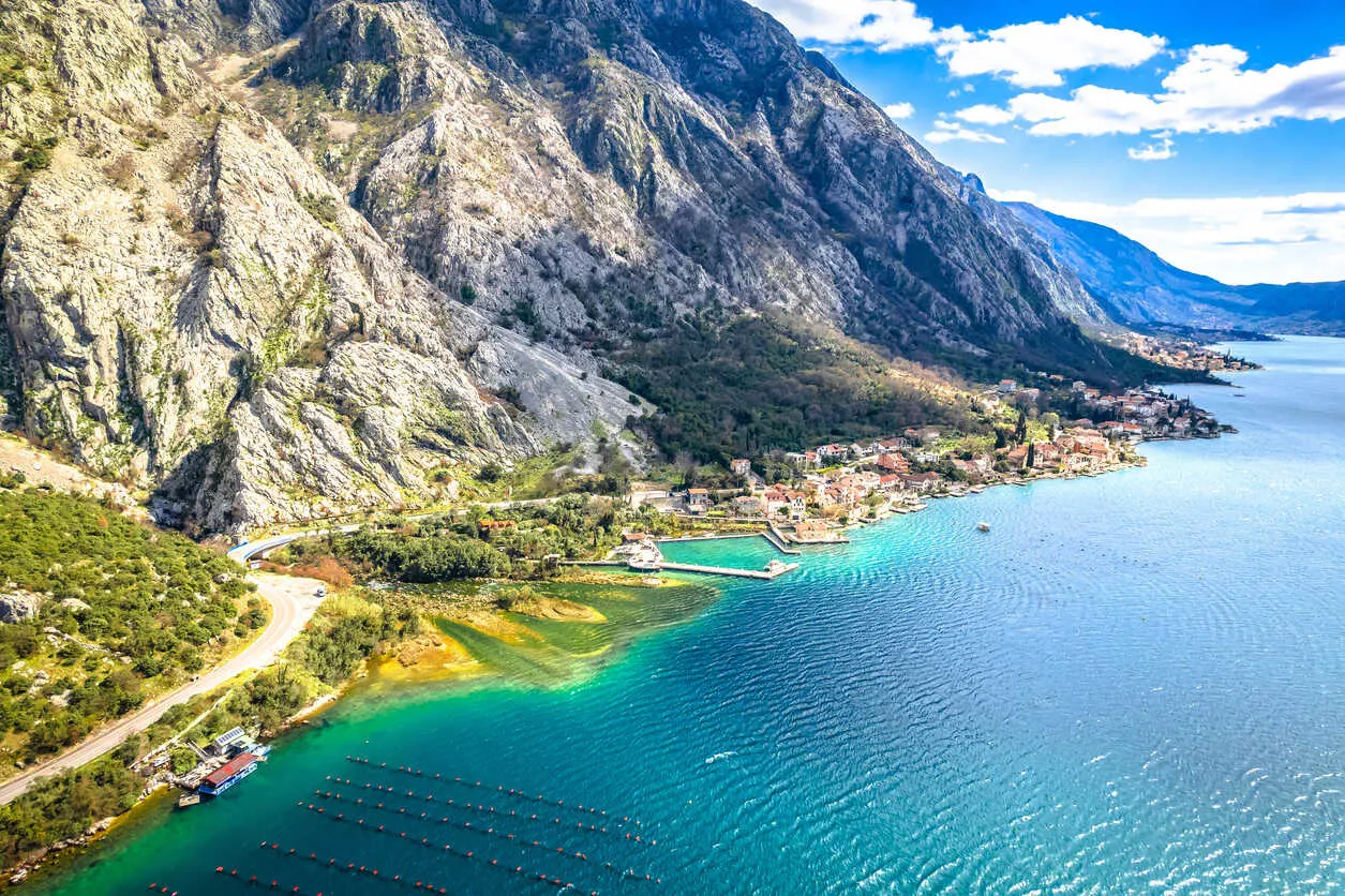 An aerial view of the scenic village of Ljuta in the Boka Kotorska Bay.