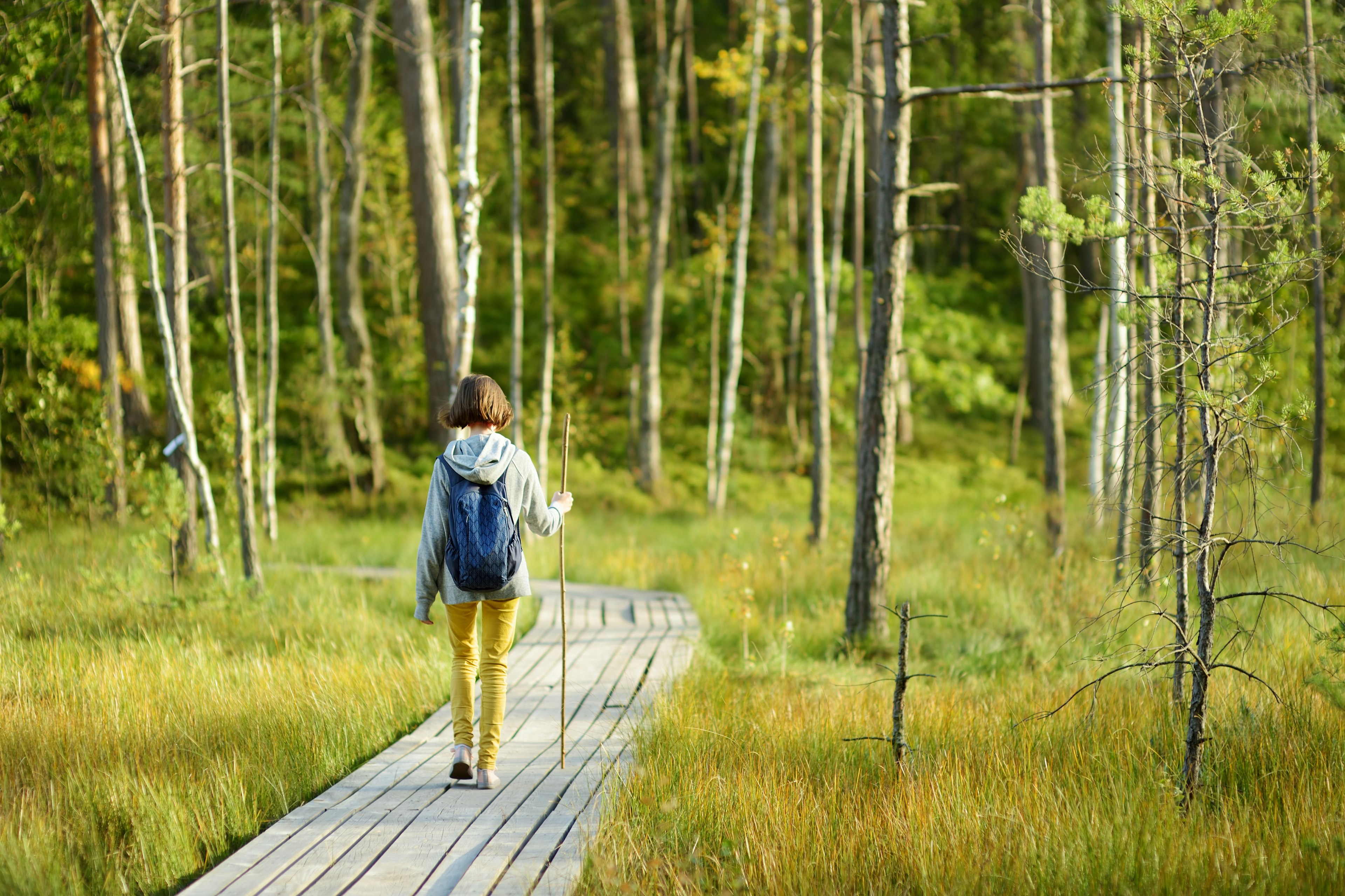 A girl hikes on a wooden boardwalk through woods in Lithuania