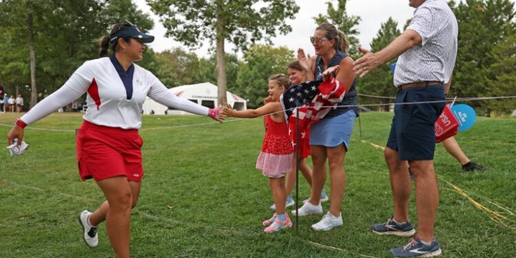 World number two Lilia Vu of the United States reacts with fans during her singles tie that clinched the Solheim Cup for the United States (Scott Taetsch)