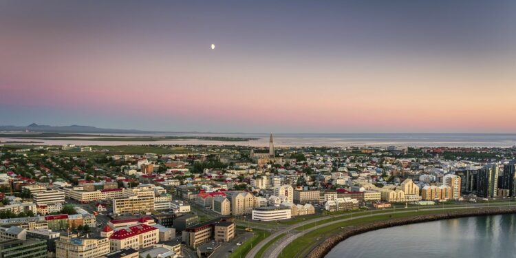 Panoramic view of Reykjavik in the summertime, Midnight sun. This image is shot using a drone.