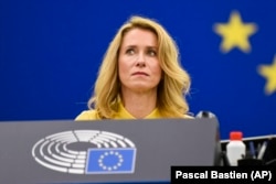 Kallas delivers a speech at the European Parliament in Strasbourg in March 2022.