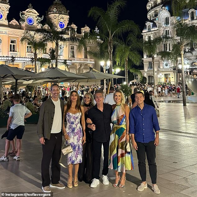 The 52-year-old pinup from Colombia posed next to her doctor boyfriend Justin Saliman and her son Manolo. They were seen with friends by an outdoor fountain and a restaurant in a square in the heart of Monaco. 'Adios Monaco, France,' Vergara captioned a photo