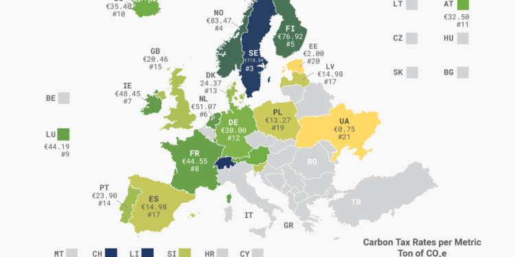 2023 carbon tax rates in Europe and other information related to carbon taxes in Europe