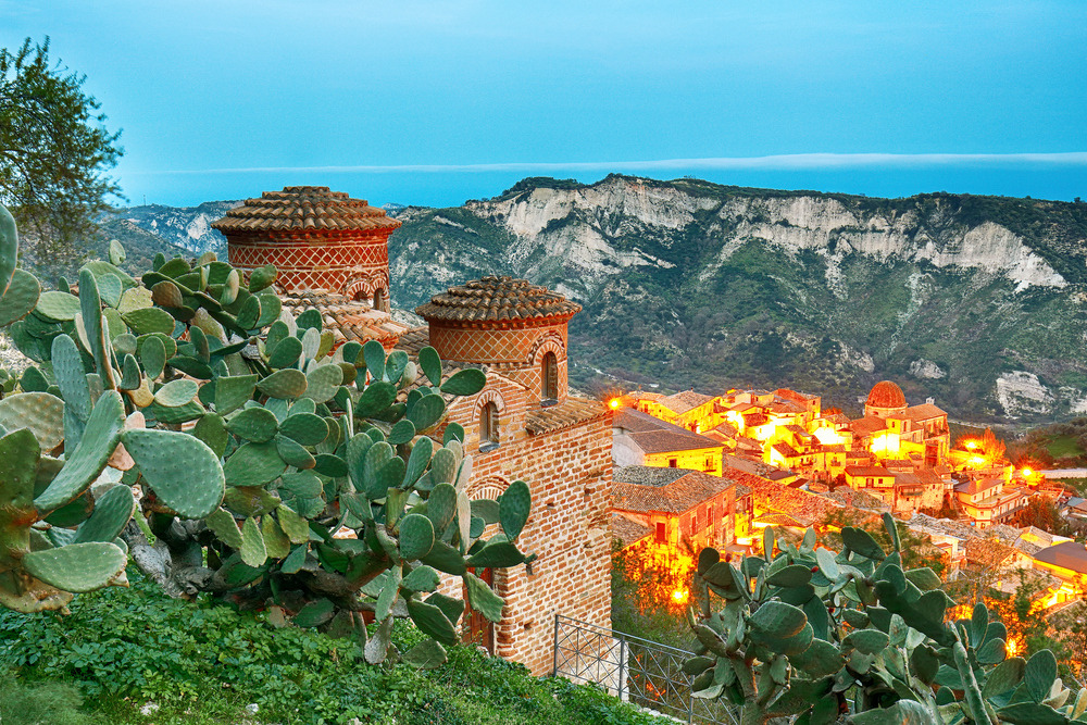 Sunset over old famous medieval village Stilo in Calabria. View on church and city. Southern Italy. Europe.