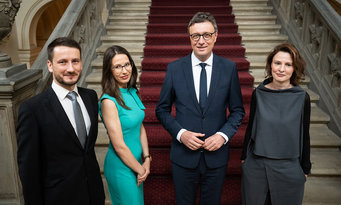 Dioscuri is Europe in action - as shown by the biographies of the first three Dioscuri Centre Directors in the Czech Republic: Peter Fabian, Helena Reichlová and Barbora Špačková (from left to right) - pictured with Max Planck President Patrick Cramer at the opening ceremony on 17 May 2024. 