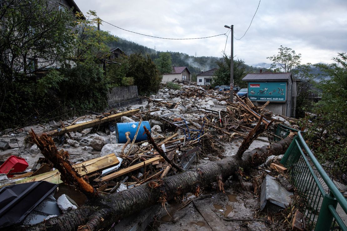 Rubble lies around a flooded residential area in Donja Jablanica, Bosnia and Herzegovina, October 5, 2024.REUTERS/Marko Djurica