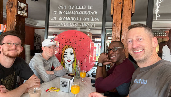 The writer (right) and his family at breakfast in Madrid.