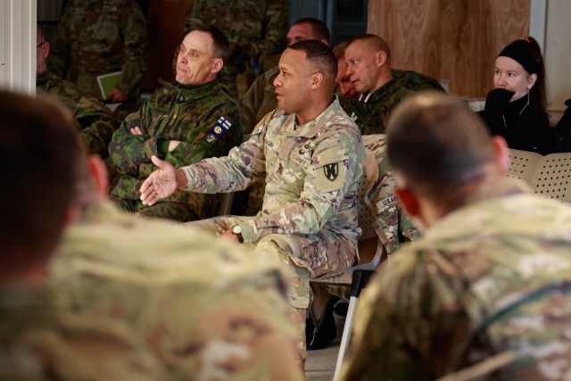 U.S. Army Maj. Gen. Ronald Ragin, commanding general, 21st Theater Sustainment Command, speaks to U.S. Army, Norwegian army, and Finnish army Soldiers at a rehearsal of concept (ROC) drill in Narvik, Norway, on April 23, 2024. A ROC drill is a...