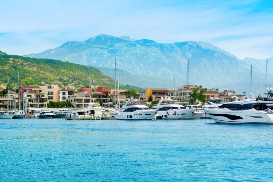 Sunset view of the yacht marina in Porto Montenegro