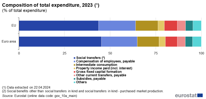 Horizontal queued bar chart showing composition of total expenditure as percentage of total expenditure. Two bars represent the EU and euro area. Totalling 100 percent, each bar has eight queues representing types of expenditure for the year 2023.