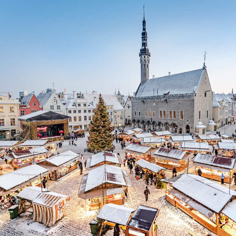 Aerial View Of Tallinn Medieval Square, Estonia During Christmas