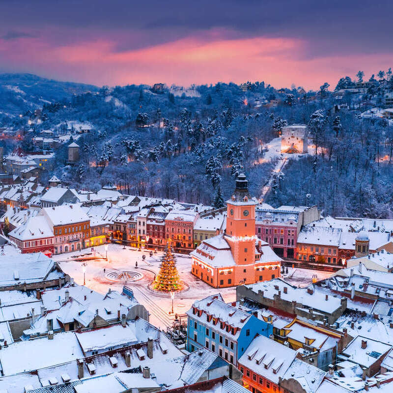 Aerial View Of Brasov, Romania During Christmas