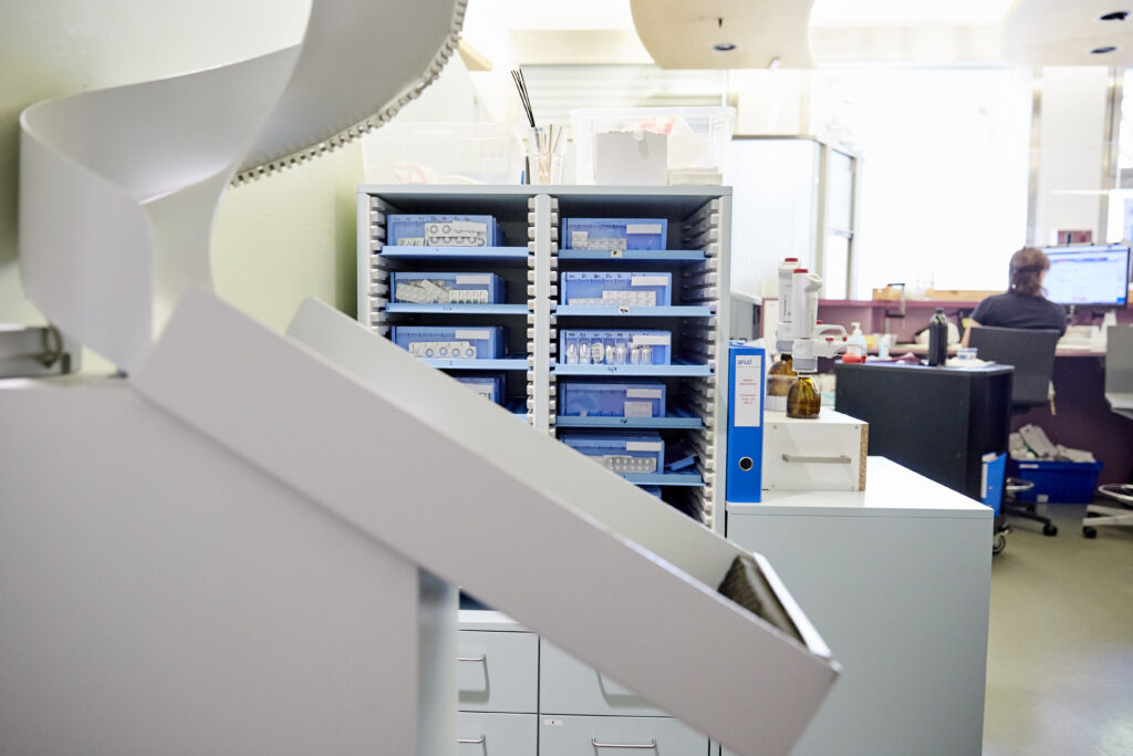 View of a shelf with the medicine to be picked up by patients at Arud - Center for Addiction Medicine, in downtown Zurich