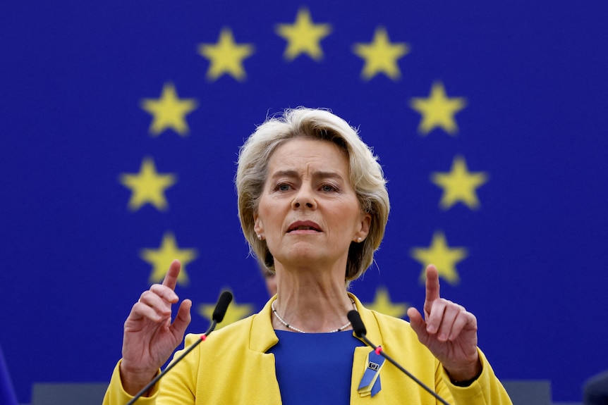 A woman wearing a yellow jacket and blue blouse stands in front of the yellow-and-blue European Union flag.