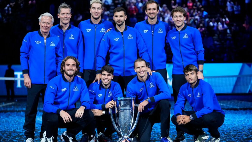 Team Europe with the trophy after they defeated Team World to win the Laver Cup