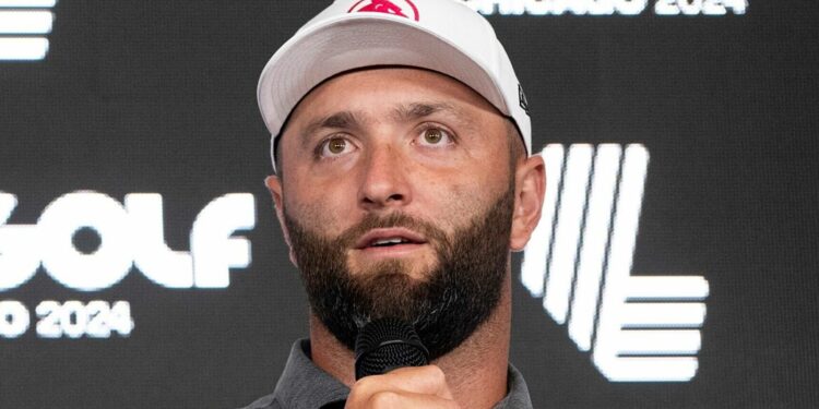 Captain Jon Rahm of Legion XIII speaks at a press conference during the practice round before the start of LIV Golf Chicago at Bolingbrook Golf Club on Wednesday, September 11, 2024 in Bolingbrook, Illinois. (Photo by Charles Laberge/LIV Golf via AP)