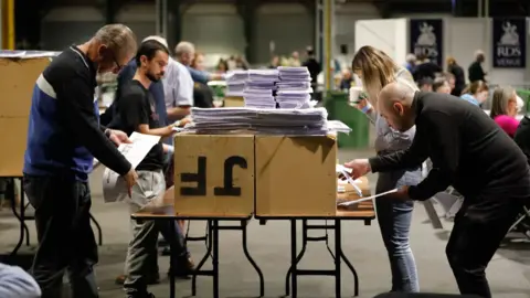 PA People tallying votes at the Royal Dublin Society during the count for the European elections