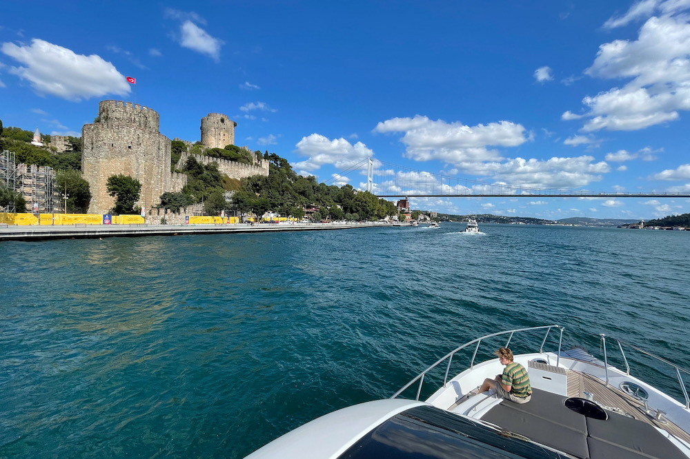 view of Bosphorus in Istanbul Turkey from deck of boat