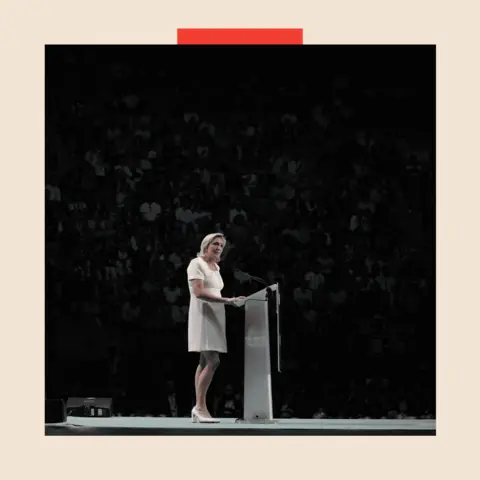 Getty Images Marine Le Pen, leader of National Rally, delivers a speech in Madrid