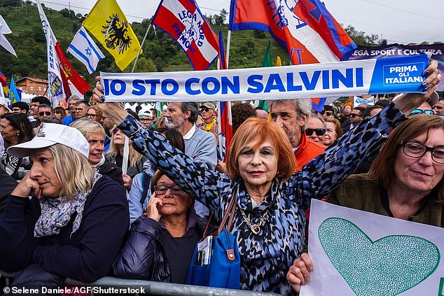 Salvini  is the darling of the Italian hard-right with many supporters in the crowd carrying banners emblazoned with 'Io sto con Salvini' or 'I'm with Salvini'