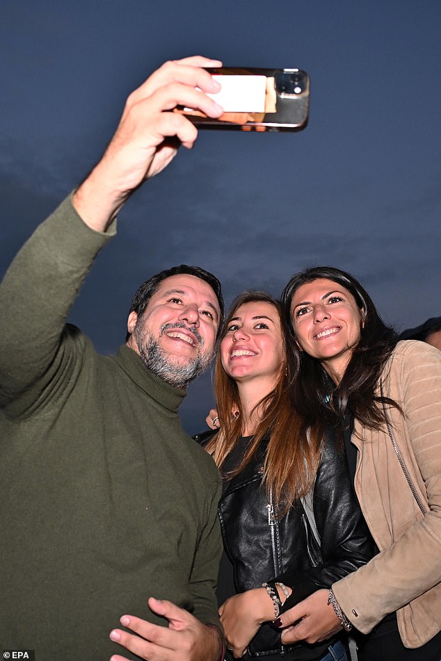 Salvini poses for a selfie with two young supporters. The rise of hard-right parties across Europe has in party been driven by the support of young people across the continent