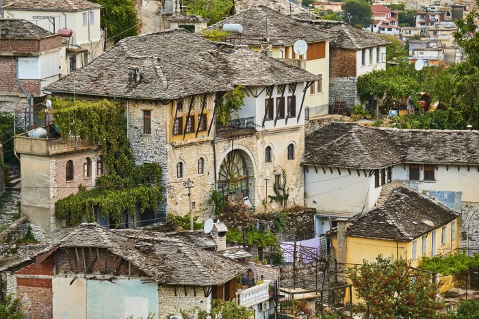 A view over slate-roofed houses, many with vines or other foliage growing on them 