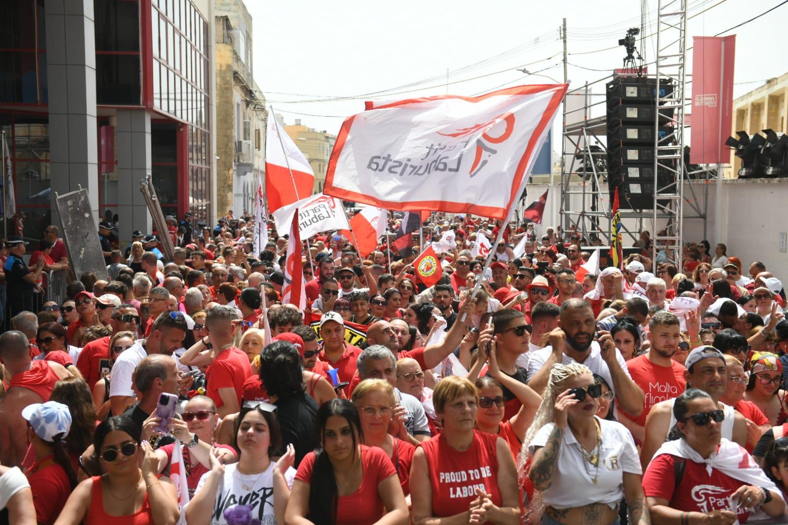 Labour supporters in Ħamrun on Sunday afternoon. Swipe right to see more photos. Photo: Matthew Mirabelli