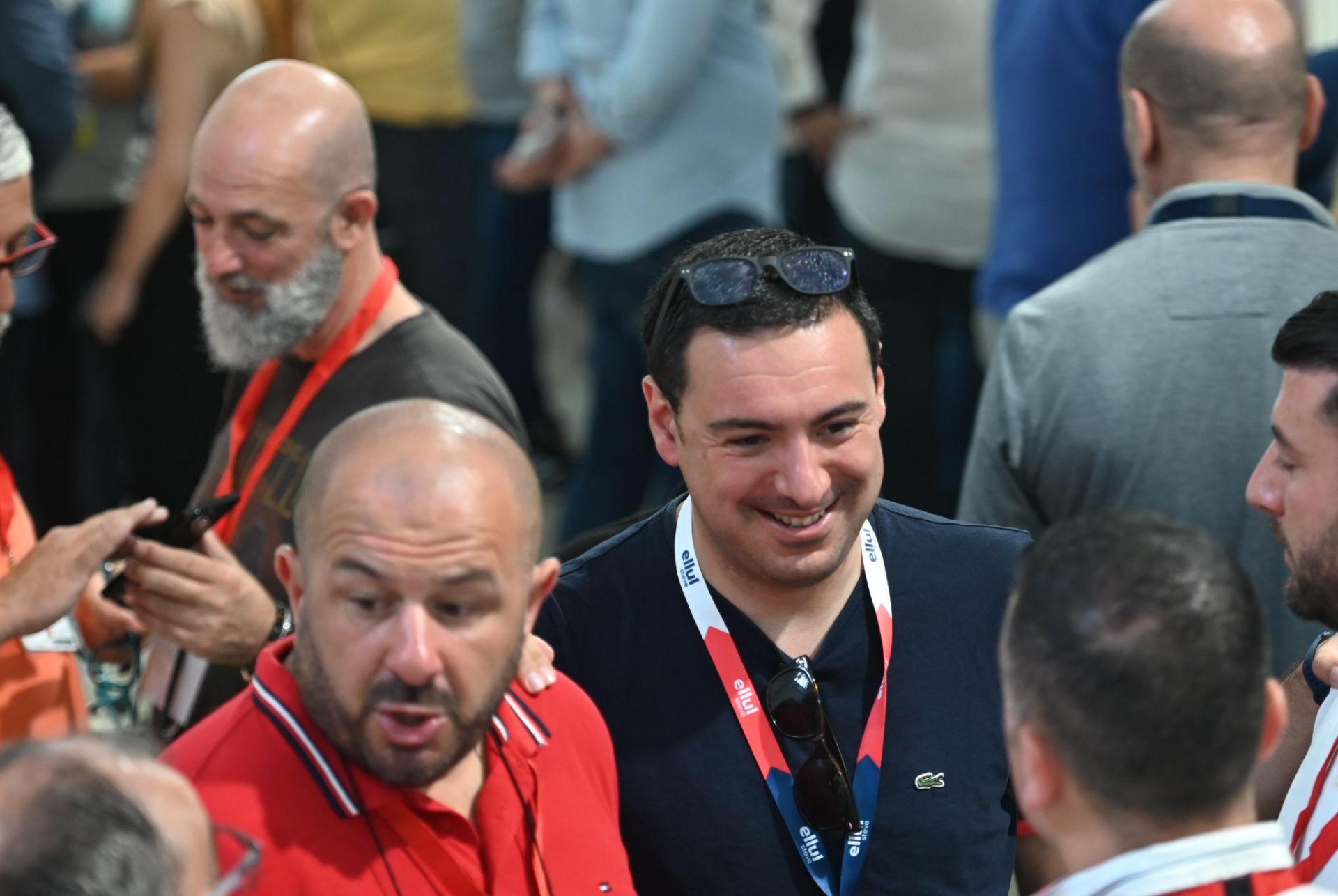 Labour MEP candidate Steve Ellul (centre) chats at the counting hall. Photo: Jonathan Borg