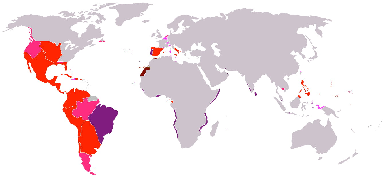 Philip II’s empire (red, effective Spanish sovereignty; magenta, legal sovereignty; purple, Portuguese territories)