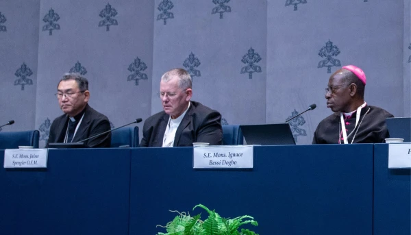 Cardinals-elect Archbishop Tarcisio Isao Kikuchi, SVD; Archbishop Jaime Spengler, OFM; and Archbishop Ignace Bessi Dogbo answer questions during a Synod on Synodality press briefing on Oct. 8, 2024. Credit: Daniel Ibañez/CNA