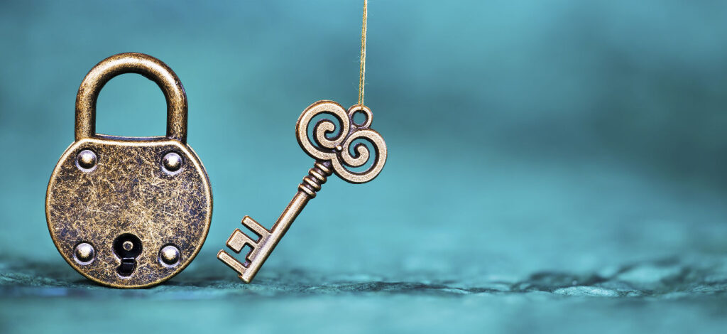 Escape room game banner, old vintage key and padlock on a blue background.