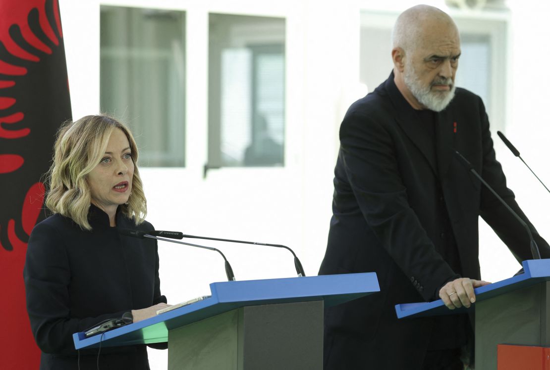 Italy's Prime Minister Giorgia Meloni, left, and Albania's Prime Minister Edi Rama give a press conference as part of a visit to the site of an Italian-run migrant center at the port of Shengjin on June 5, 2024.