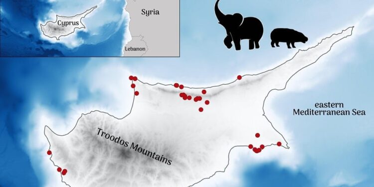 Map of Cyprus fossil sites of dwarf elephants and hippos.