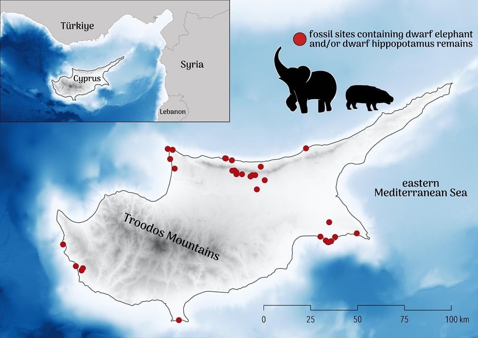 Map of Cyprus fossil sites of dwarf elephants and hippos.