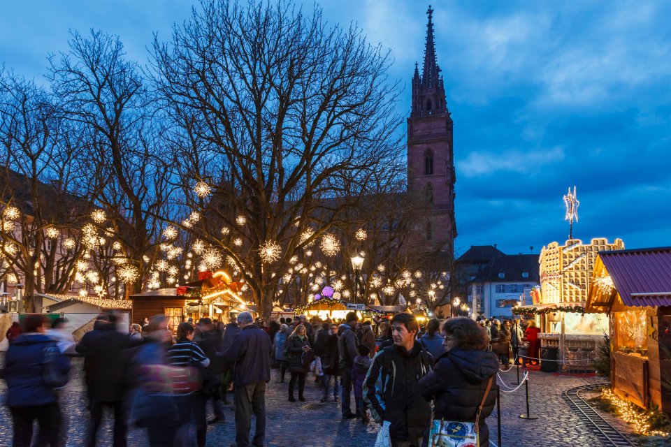 The Münsterplatz in the old town of Basel, where one of the two charming Christmas markets of the city is held