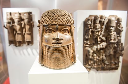 Three of the Benin Bronzes that were exhibited in the Museum of Plastic Arts in Hamburg, Germany. They were returned to Nigeria.