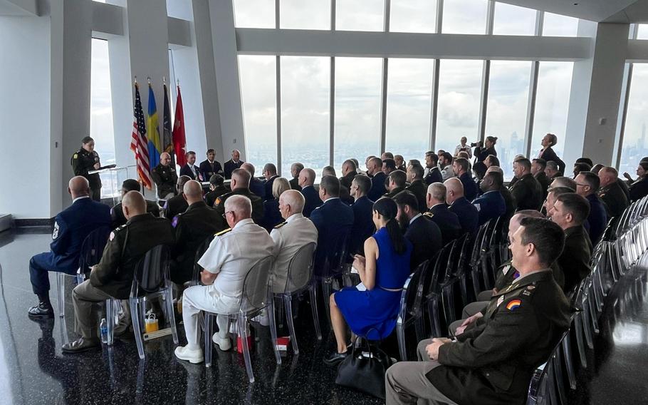 The New York National Guard holds a signing ceremony with Sweden at One World Trade Center in Manhattan on July 12, 2024. The State Partnership Program pairs National Guard units with the militaries of countries around the world in training and exchange partnerships.