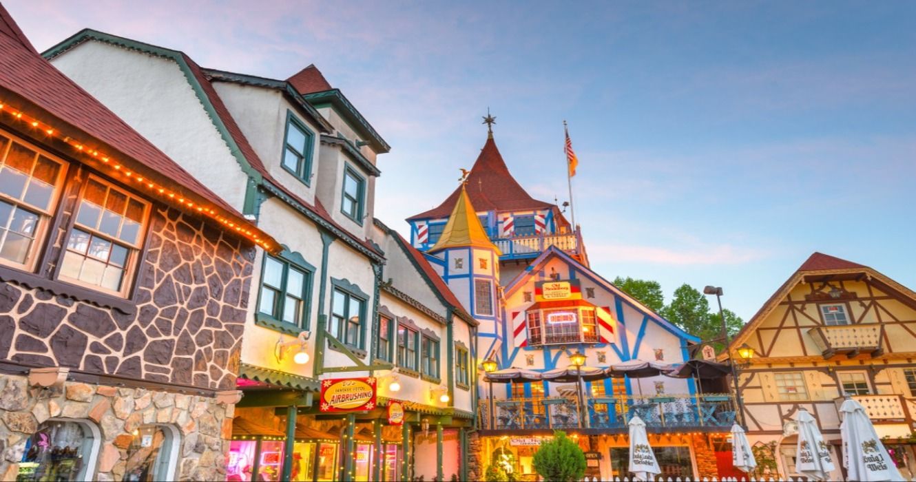 Helen Square in Helen, Georgia, featuring German architecture throughout the Bavarian Alpine-style town